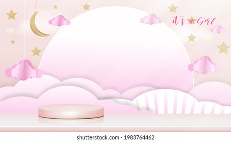 Vector for baby boy shower card on pink background,Cute Paper art abstract origami cloudscape, crescent moon and stars on pink sky and 3D podium,Paper cut with copy space for baby's photos