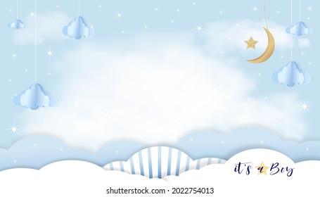 Vector for baby boy shower card on blue background,Cute Paper art abstract origami cloudscape, crescent moon and stars hanging on blue sky,Fluffy clouds with copy space for baby's photos