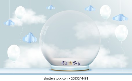 Vector For Baby Boy Shower Card On Blue Sky Background,Cute Paper Art Abstract Origami Cloudscape On Blue Sky And Magic Glass Ball 3D With Copy Space For Baby's Photos