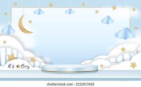 Vector for baby boy shower card on blue background,Cute Paper art abstract origami cloudscape, crescent moon and stars on blue sky with 3D Podium, Paper cut with copy space for Baby's photos