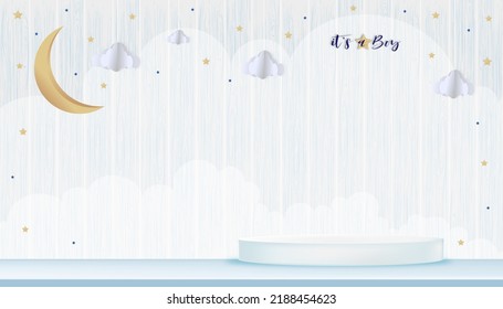 Vector for baby boy shower card on wood background,Cute Paper art abstract origami cloudscape, crescent moon and stars on blue sky and 3D podium,Paper cut with copy space for baby's photos