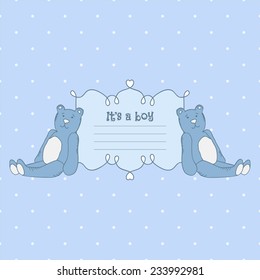 vector Baby boy shower card. Arrival card with place for your text.Teddy bear.