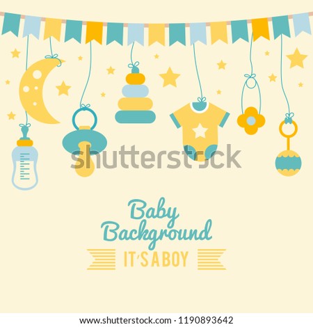 Vector baby boy shower card. Invitation template with cute toys, place for your text. Baby element collection with moon, nipple,  and kids illustration.