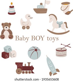 Vector Baby boy toys. Nursery hand-drawn pyramid, ship, sand bucket, duck, horse, bear, rocket, locomotive, ball, cubes and drum on white background. Pastel colors.