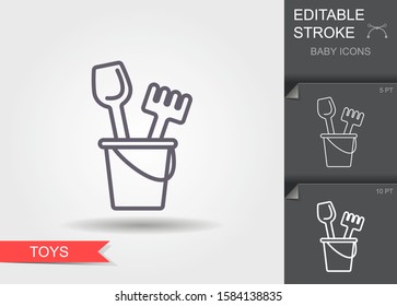 Vector Baby Bucket And Sand Shovel Toy. Line Icon With Editable Stroke With Shadow