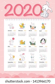 Vector baby calendar for 2020 year template with cute little white bunny and yellow funny duck characters in hand drawn style walking, laughing, sitting, playing etc. Advent calendar design.