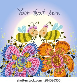 Vector baby card. Two funny  bees are in the flowers. 