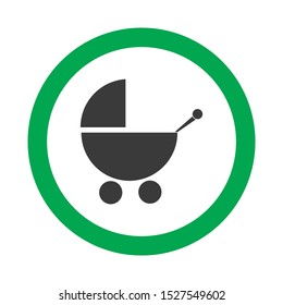 Vector baby carriage allowed sign on white background with green circle. Cool for cafe, restaurant. Illustration can use in kids friendly place