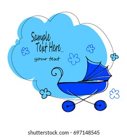 Vector baby carriage, card for baby with flowers