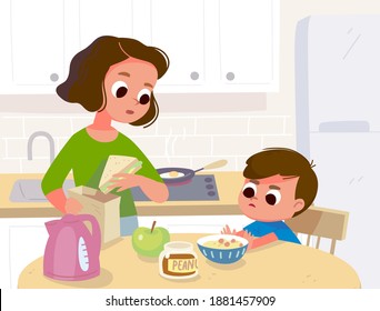 Vector. Baby Child Refuses To Eat Breakfast. Mother Feeds Child Boy, Kid, But He Push Plate With Porridge Off. Baby Is Not Eating Solid Food. Son Have No Appetite.