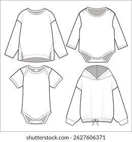 Vetor roupas de bebê. Modelo de esboço plano da moda do bebê. Ilustração de moda técnica
