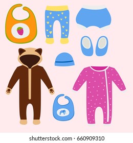 Vector baby clothes icon set design textile casual fabric colorful dress child garment wear illustration.
