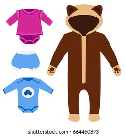 Vector baby clothes icon set design textile casual fabric colorful dress child garment wear illustration.