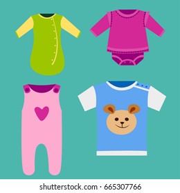 Vector baby clothes icon set design textile casual fabric colorful dress child garment wear illustration.