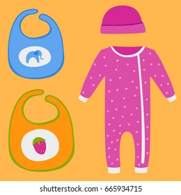 Vector baby clothes icon set design textile casual fabric colorful dress child garment wear illustration.