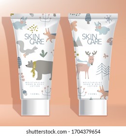 Vector Baby Cream, Wash, Shampoo or Lotion Tube Packaging with Winter Animals in the Forrest Theme Printed