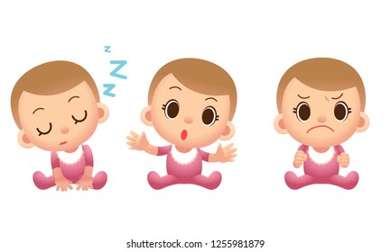 Vector baby cute characters in different actions, expressions isolated on white background