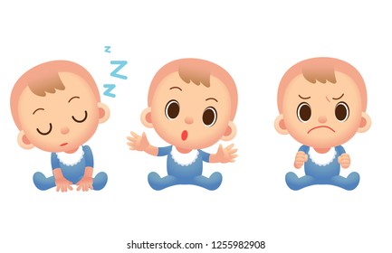 Vector baby cute characters in different actions, expressions isolated on white background