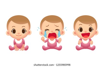 Vector baby cute characters in different actions, expressions isolated on white background