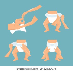 Vector Baby Diaper Illustration. Side and Top View. Infant Underwear, Stages of Changing Diaper Panties. Ultimate Guide, Step by Step Diapering Tutorial. Tips for Diapering