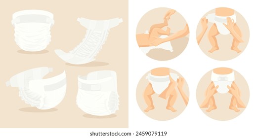 Vector Baby Diaper Illustration. Side and Top View. Infant Underwear, Stages of Changing Diaper Panties. Ultimate Guide, Step by Step Diapering Tutorial. Tips for Diapering