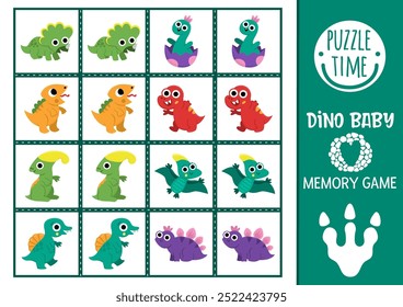 Cartas de jogo de memória de dinossauro bebê vetor com T-rex pequeno bonito, pterossauro, triceratops. Atividade de correspondência pré-histórica. Lembre-se e encontre o cartão correto. Planilha simples imprimível para criança