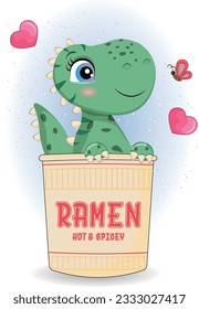 Vector a baby Dinosaur sitting in a cup of ramen noodle