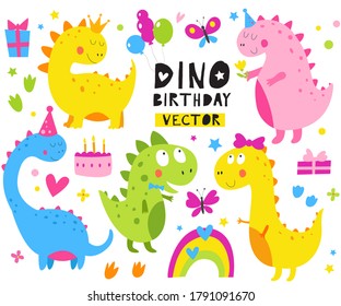 Vector baby dinosaurs. Birthday party. Animal kids clipart. Scandinavian kids background. Little Dinosaur. Isolated  illustration. Baby dino party. Dinosaur princess with crown.