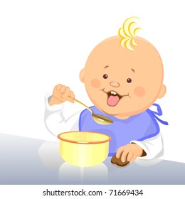 vector baby eats with a spoon from a bowl