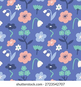 vector baby floral seamless pattern. Stylized abstract flora in neutral blue color palette. Childish flower seamless pattern design for fabric or wallpaper, wrapping paper. Cute flowers on blue background.