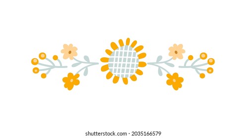 Vector baby Floral Sommer-Divider-Banner, Pastellkinder färben Sonnenblumen und Wildblumen. Skandinavischer Stil handgezeichnet Divider Form. Einzige Illustration auf weißem Hintergrund.