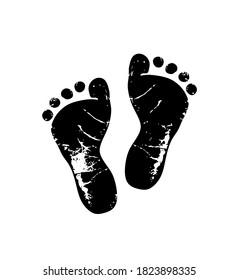Vector baby footprints silhouette print drawing design isolated on white background.Black Footsteps.Baby shower.New born.Heart shape.Boy or girl.