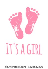 Vector baby footprints silhouette print drawing design.Pink Footsteps.Baby shower.New born.It's a girl.