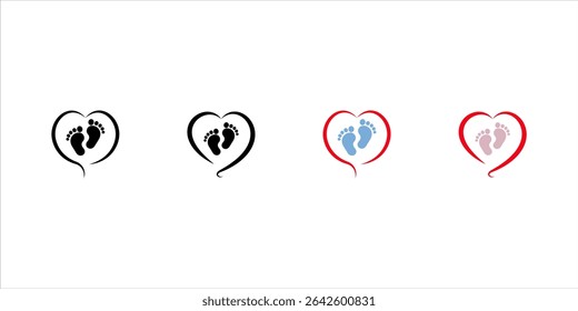 Vetor pegada do bebê silhueta impressão desenho design isolado no fundo branco.Black Footsteps.Baby chuveiro.New born.Heart shape.Boy ou menina.