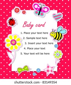 Vector baby girl card with scrapbook elements