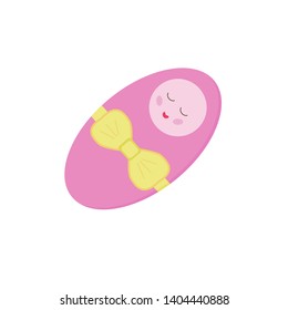 Vector of baby girl in pink blanket and with yellow ribbon sleeping against white background.