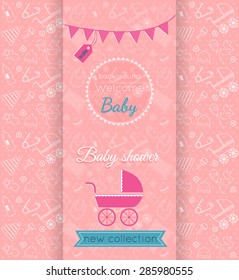 Vector baby girl pink card with blurred background and seamless pattern with babies toys and items on background