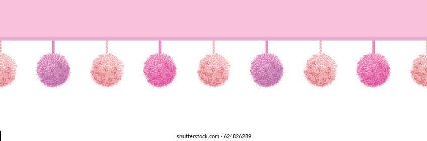 Vector Baby Girl Pink Decorative Pom Poms With Ropes Horizontal Seamless Repeat Border Pattern. Great for nursery room, handmade cards, invitations, wallpaper, packaging, baby girl designs.