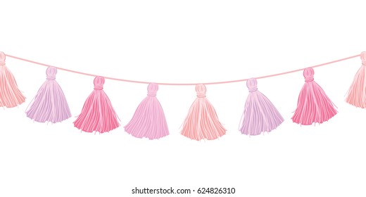 Vector Baby Girl Pink Hanging Decorative Tassels With Ropes Horizontal Seamless Repeat Border Pattern. Great for handmade cards, invitations, wallpaper, packaging, nursery designs.