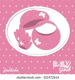 Vector baby girl scrapbook arrival card with hat, handbag and gloves