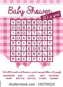 Vector baby girl shower invitation card with word puzzle.