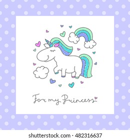 vector baby greeting card with unicorn, rainbow and clouds svg