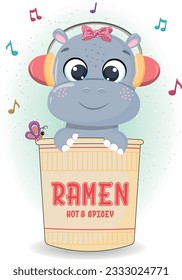 Vector un bebé Hippo sentado en una taza de fideo de ramen