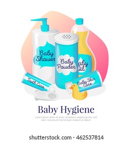 Vector baby hygiene goods illustration. Newborn accessories in cartoon style: shampoo, powder, oil, cream and toothpaste.