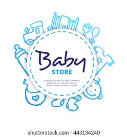 Vector baby icons circle composition. Newborn accessories design concept in doodle style.