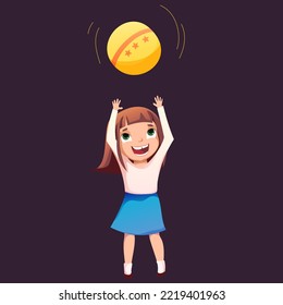 Vector baby illustration. A little girl in a blue skirt and a light jacket throws up a yellow ball. Cheerful girl is playing.