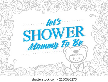 Vector baby invitation, diploma card with line cartoon little baby in a teddy bear costume sitting with nature decor on white background.