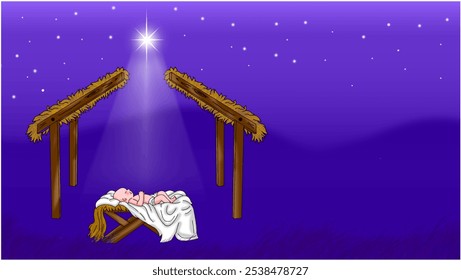 Vector of The baby Jesus is lying in a manger. There are bright stars in the sky above the manger. Light shines down into the manger.