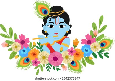 vetor bebê Krishna jogando flauta com flores e penas de pavão - colorido Hindu arte para Janmashtami, cartões de saudação espiritual, Índia cultura
