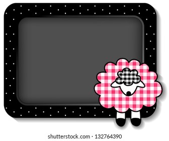 vector - Baby Lamb Nap time Bulletin Board with copy space, pastel pink gingham little sheep, white polka dots on black frame for scrapbooks, albums, baby books.